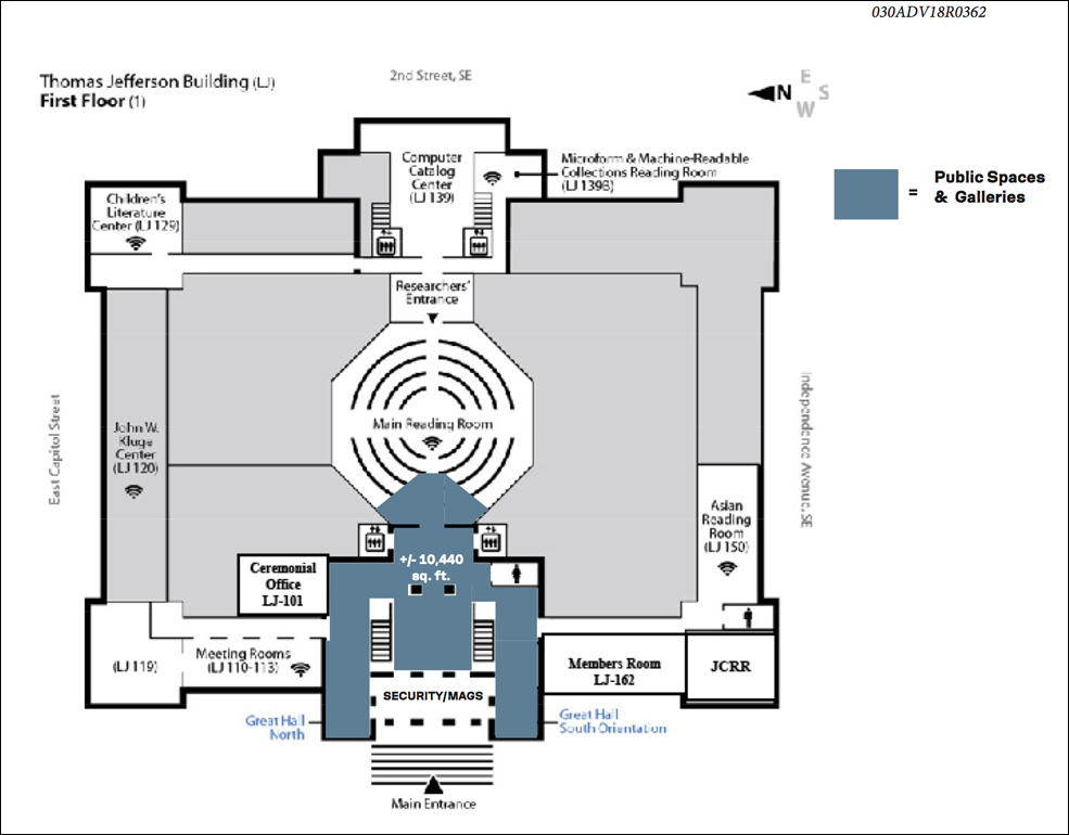 Floor plan showing a wedge of 'public space' at the west side of the Main Reading Room