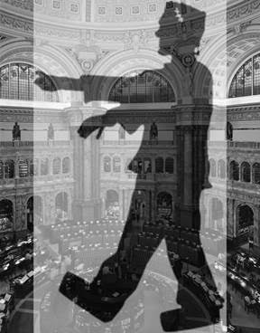 An outline of Frankenstein's monster superimposed on a photograph of the Main Reading Room