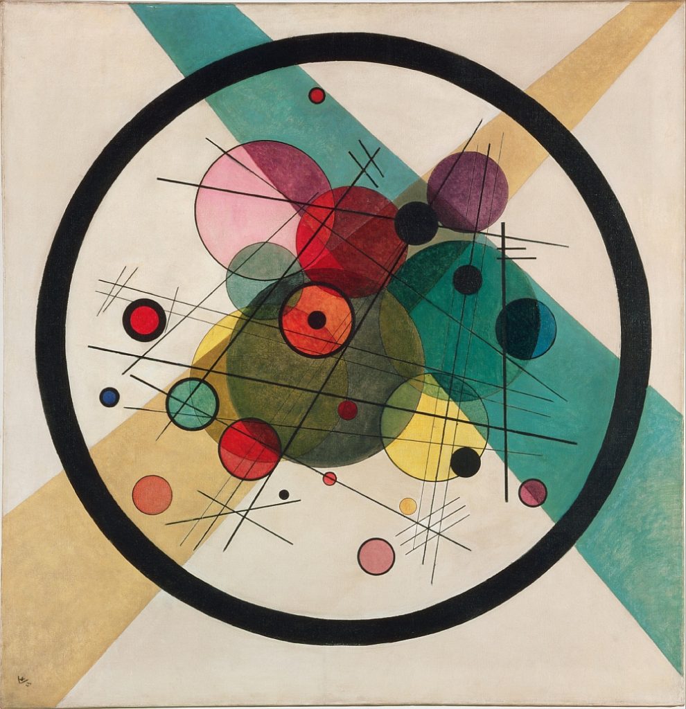 This painting shows colorful circles within a black circle, with think and thin lines of color behind and through.