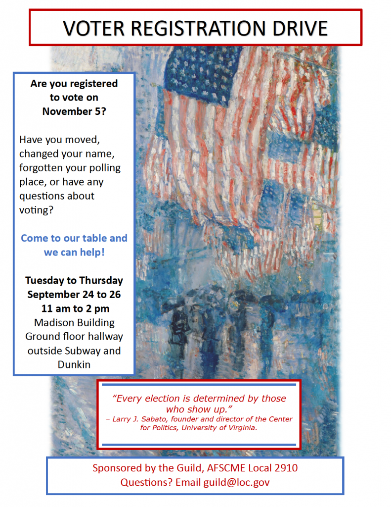 Poster shows an impressionist-style painting of people standing under flags on a rainy day. For questions, contact guild@loc.gov.